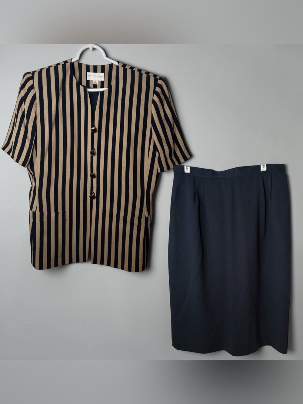 Preston & York Navy and Tan Vertical Stripe Blouse with Navy Skirt 0115